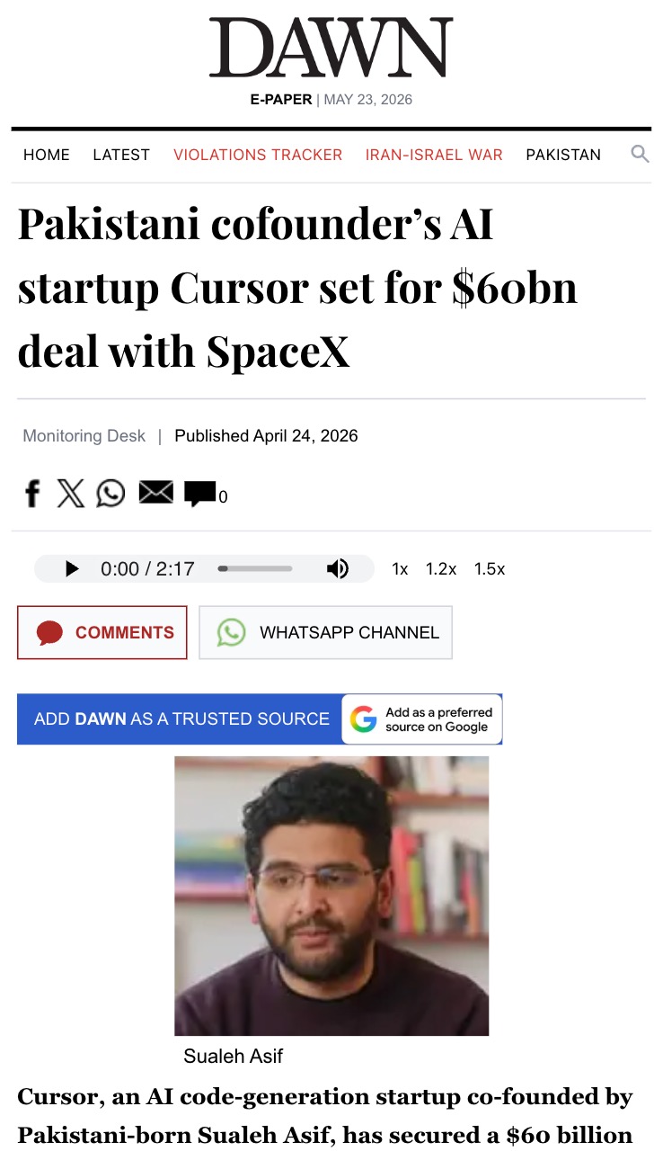 DAWN report about Pakistani-born Cursor co-founder Sualeh Asif and a reported SpaceX deal