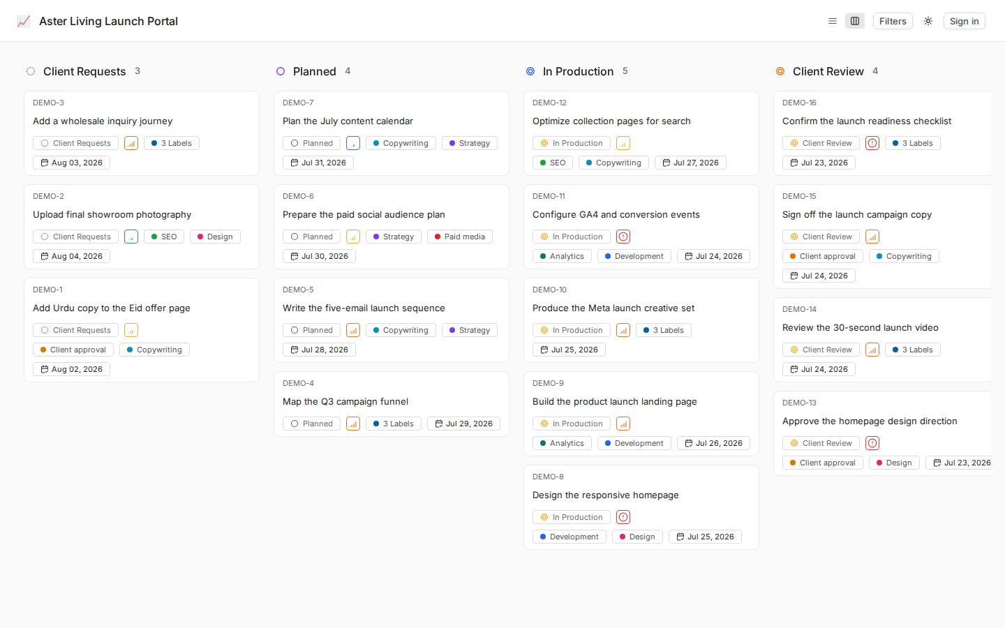 WhiteLabel client-delivery Kanban board