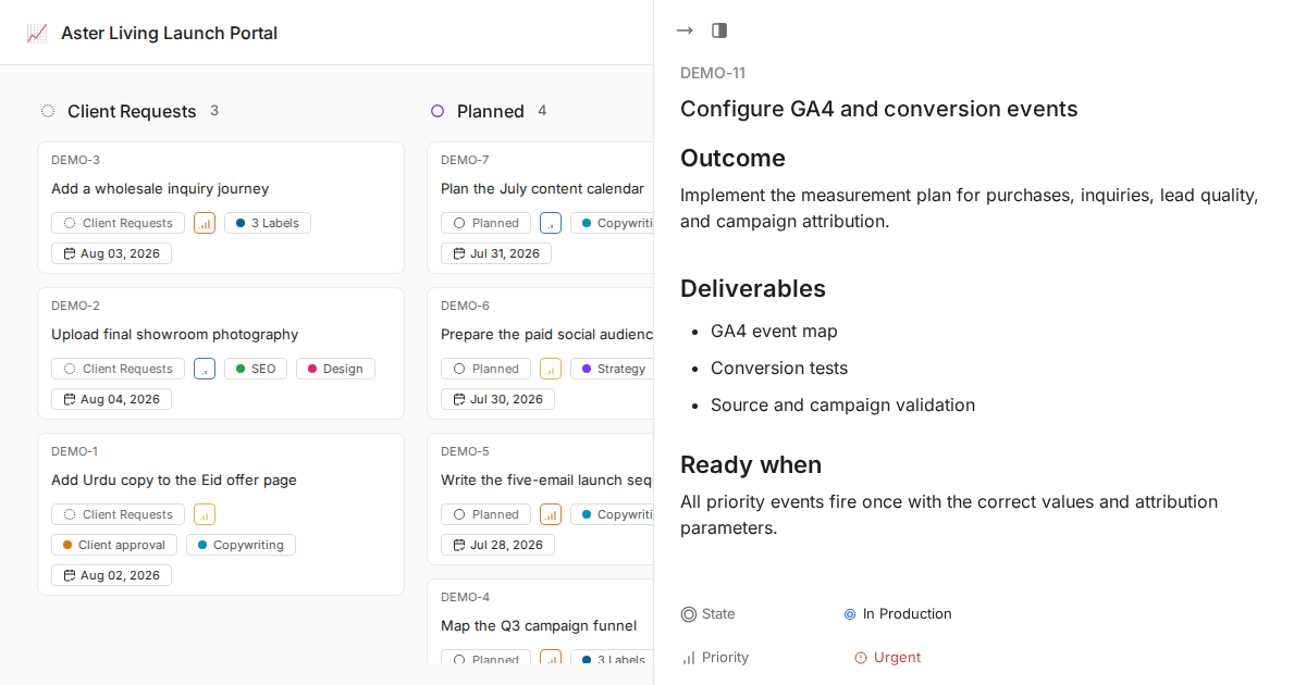 WhiteLabel in-progress client work item with owner and status