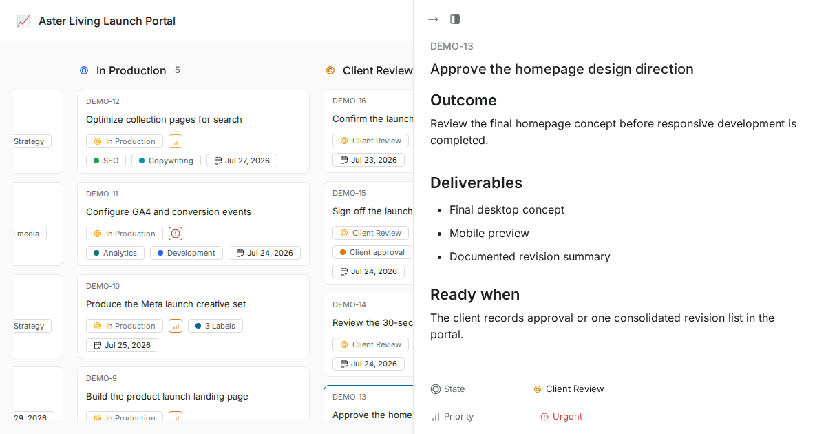 WhiteLabel client work item open beside its Kanban board